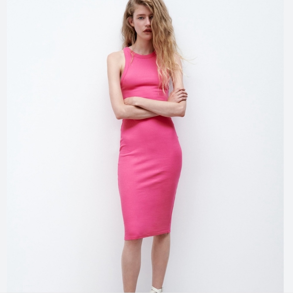 Zara Ribbed Knit Midi Dress in Fuchsia Pink Size S
